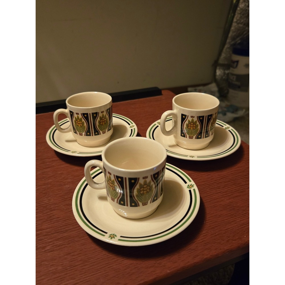 Vintage Yu Quan Stoneware Espresso Cup and Saucer Set of 3 Green Gold Floral